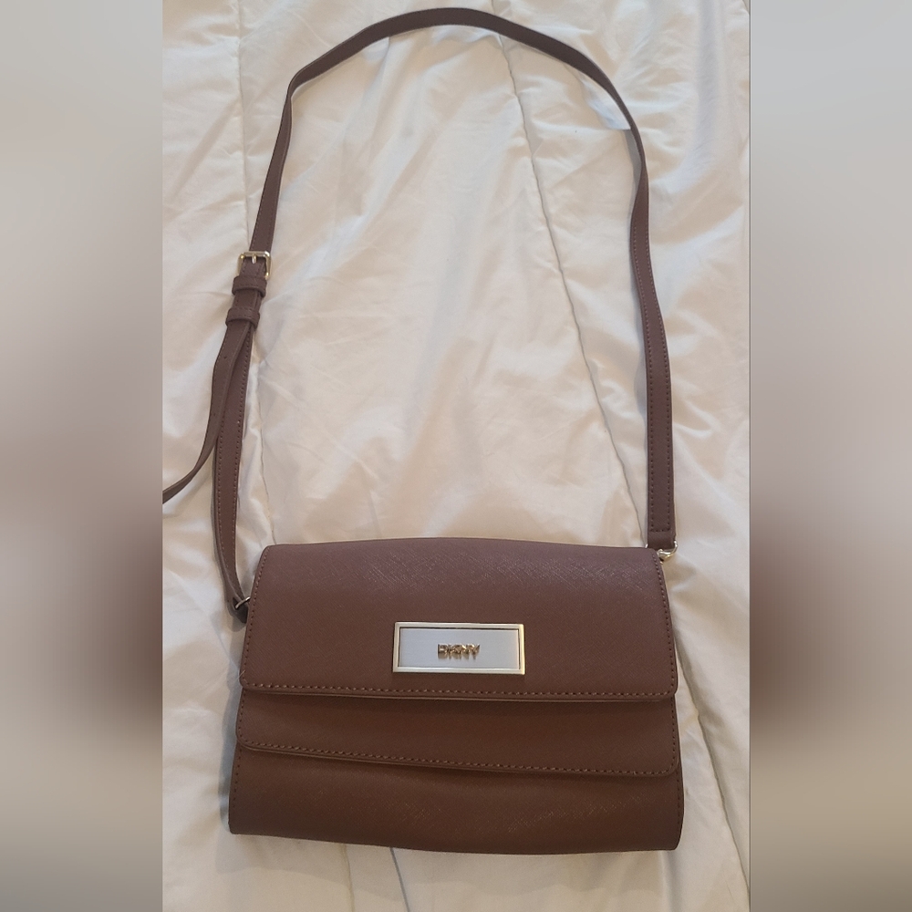 DKNY Brown Safianno Leather Crossbody Bag with Gold Hardware